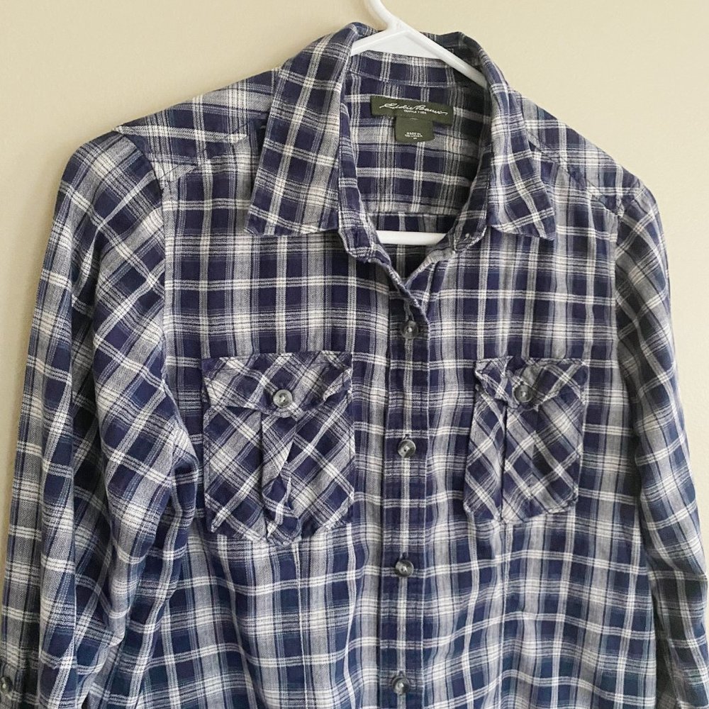 Eddie Bauer blue plaid flannel button down top - Picture 3 of 5